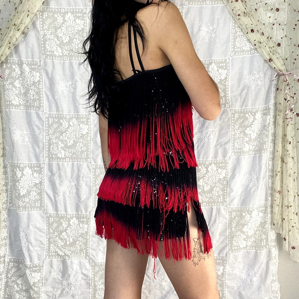 Red Black Ombre Fringe Flapper Dress Sequin Halter Gatsby Latin Dance Sz S/M - Picture 9 of 15